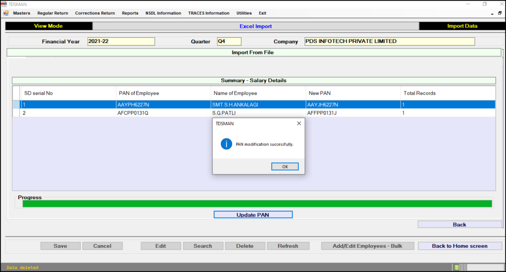 Modify Employee PAN - Update Successfull