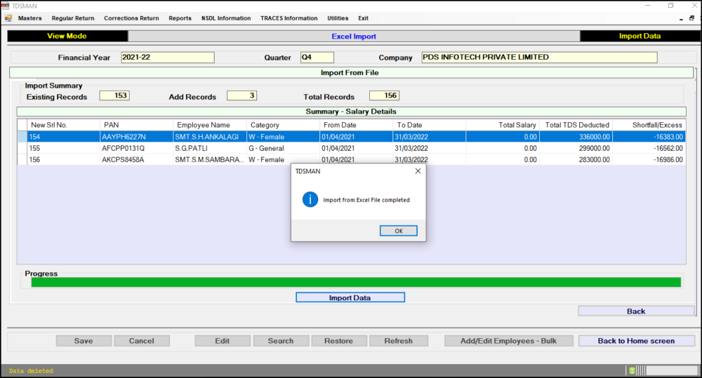 Add Employees - Data Import Successfull