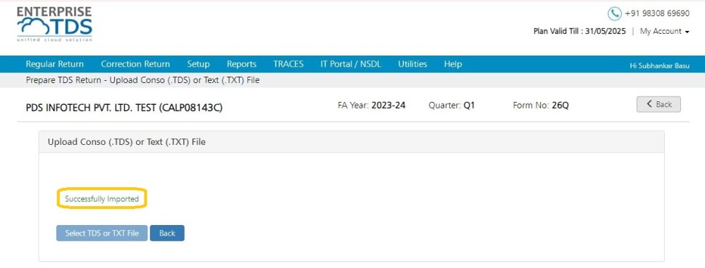Successfully TDS/TXT File Imported successfully tds or txt file imported