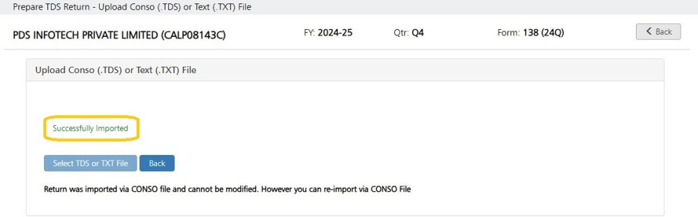 Successfully TDS/TXT File Imported successfully tds or txt file imported