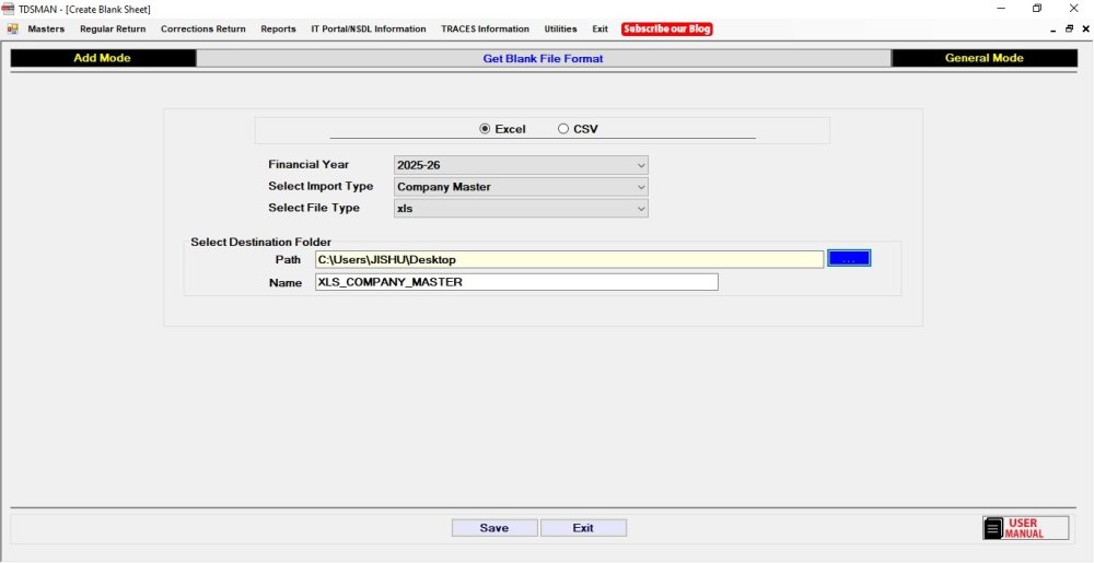 Create Blank Company Master Excel