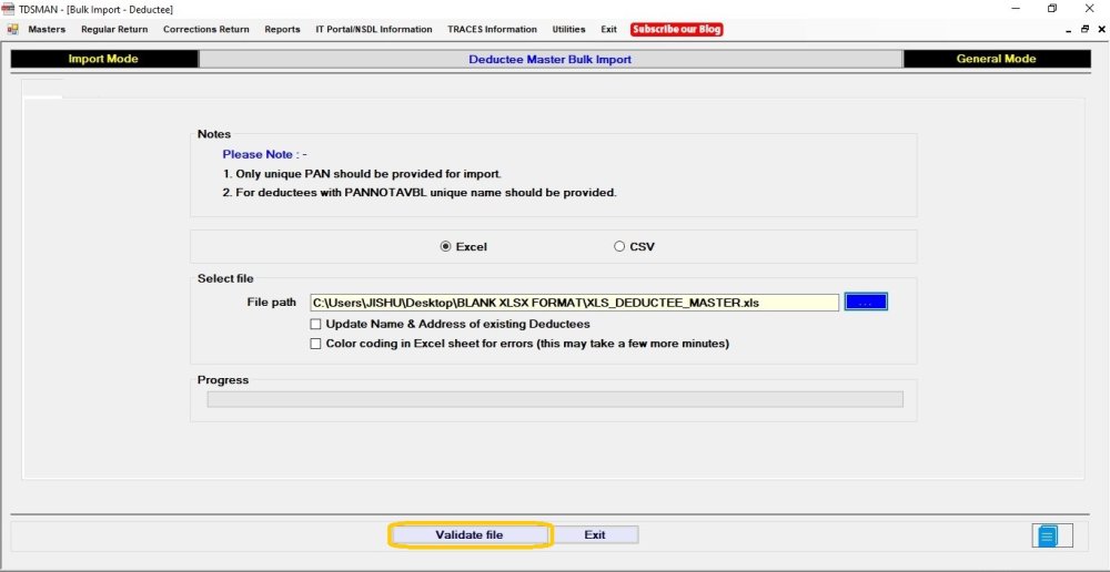 Deductee Master Excel Import