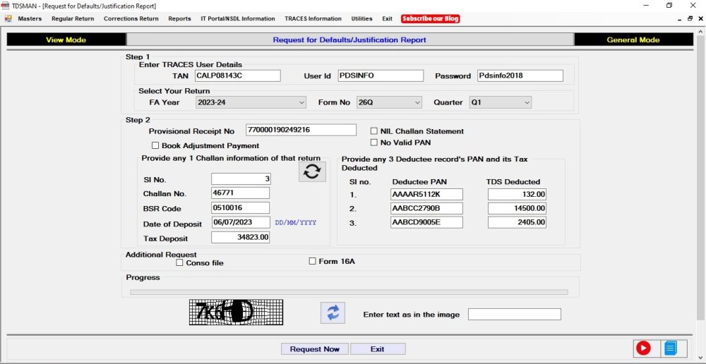 Figure 9-8 Request for Defaults / Justification Report