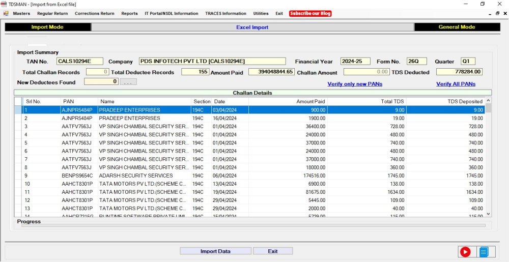 Import Data of Deductee details without Challan Details