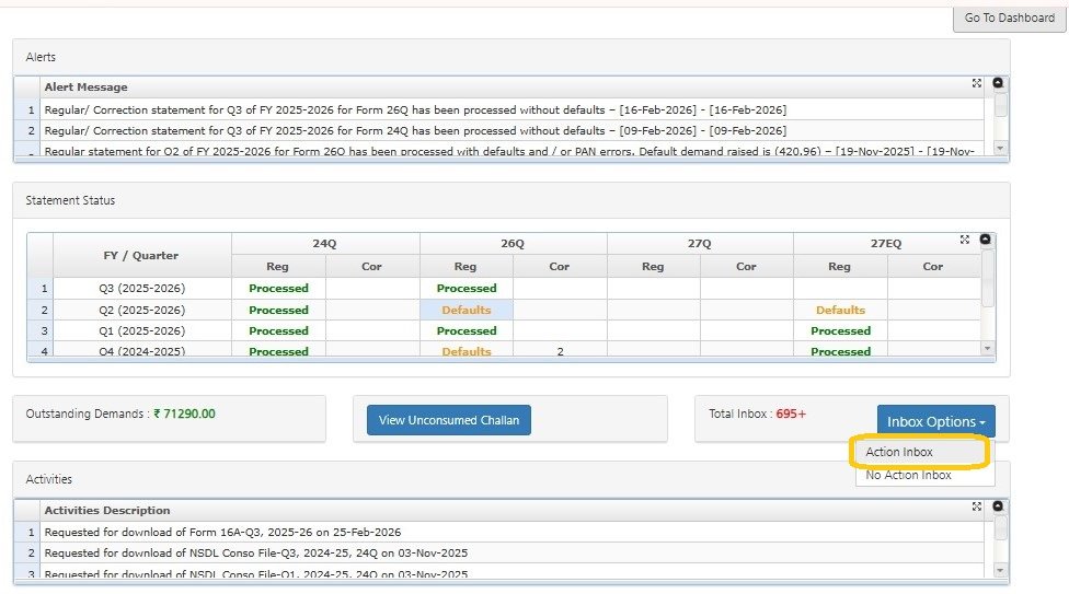 Dashboard - Inbox Action