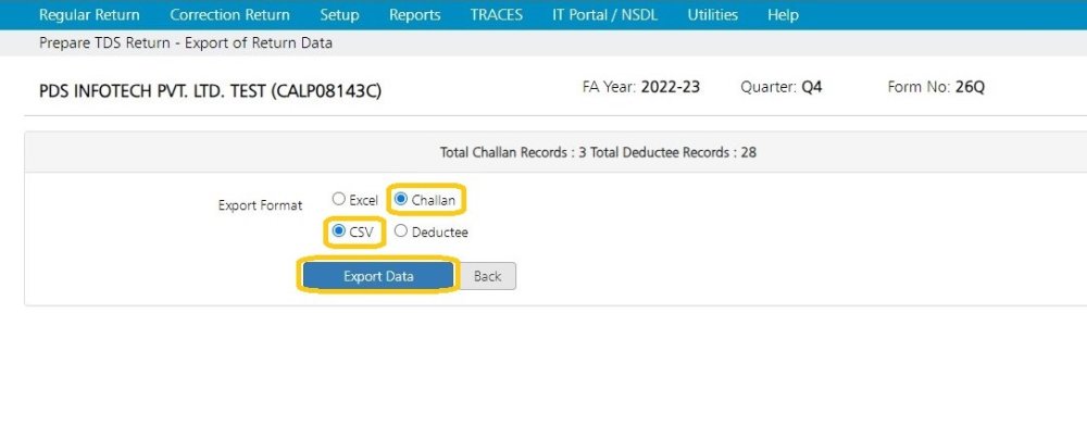 Export Return Data - CSV- Challan
