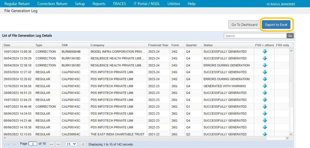 File Generation Log Export to Excel