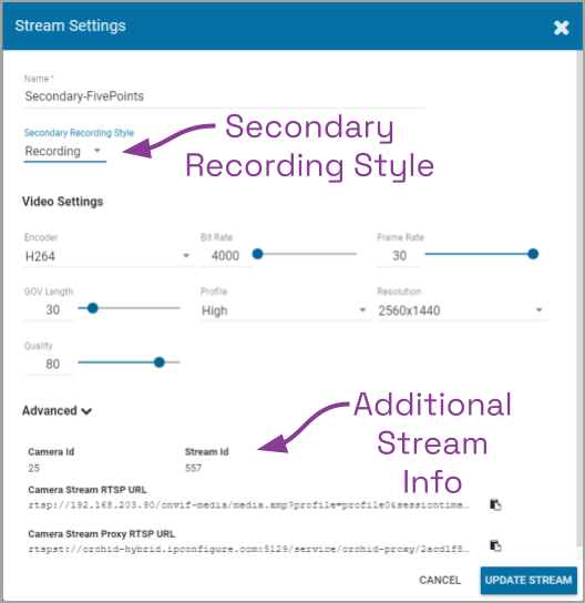 Edit Camera Stream Settings - Orchid Fusion/Hybrid VMS Administrator ...