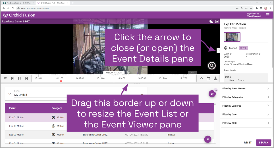 Working with the Events Screen - Orchid Hybrid/Fusion VMS User Guide - 24.3