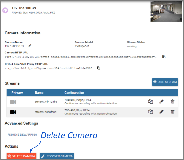 Removing a Camera Orchid Recorder Administrator Guide 2.8.0