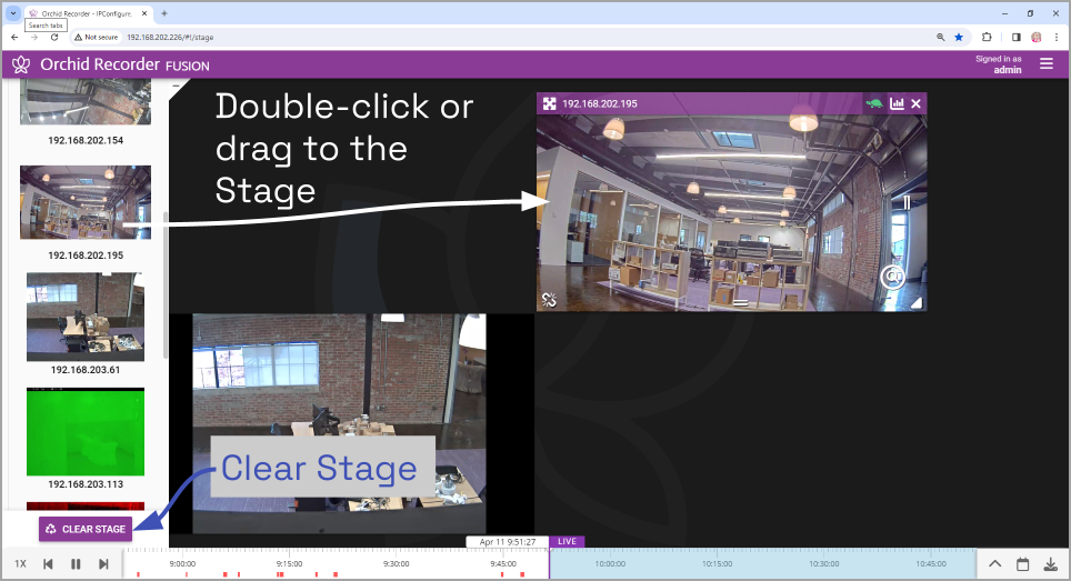 Adding a camera to the Stage in Orchid Recorder