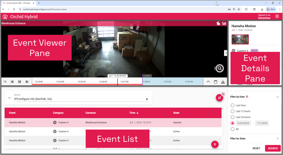 Working with the Events Screen - Orchid VMS User Guide - 25.6