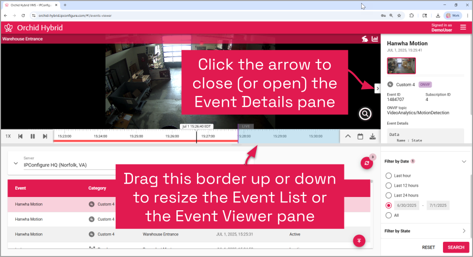 Working with the Events Screen - Orchid VMS User Guide - 25.6