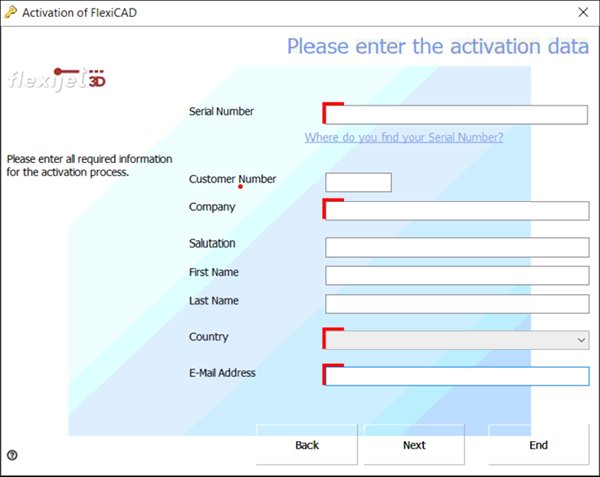Activation of FlexiCAD - enter the activation data