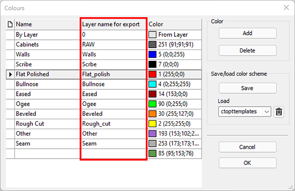 Advanced color dialog with Layer Name for Export highlighted