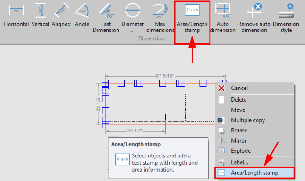 Area/Length Stamp button locations