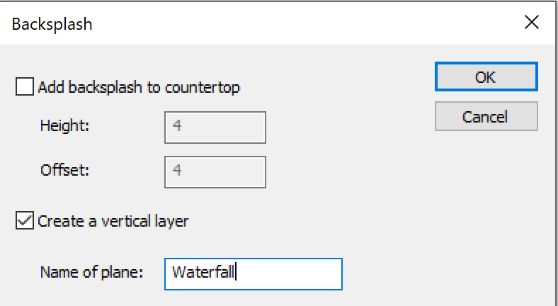 Backsplash dialog window with Create a Vertical Layer checked and waterfall as name