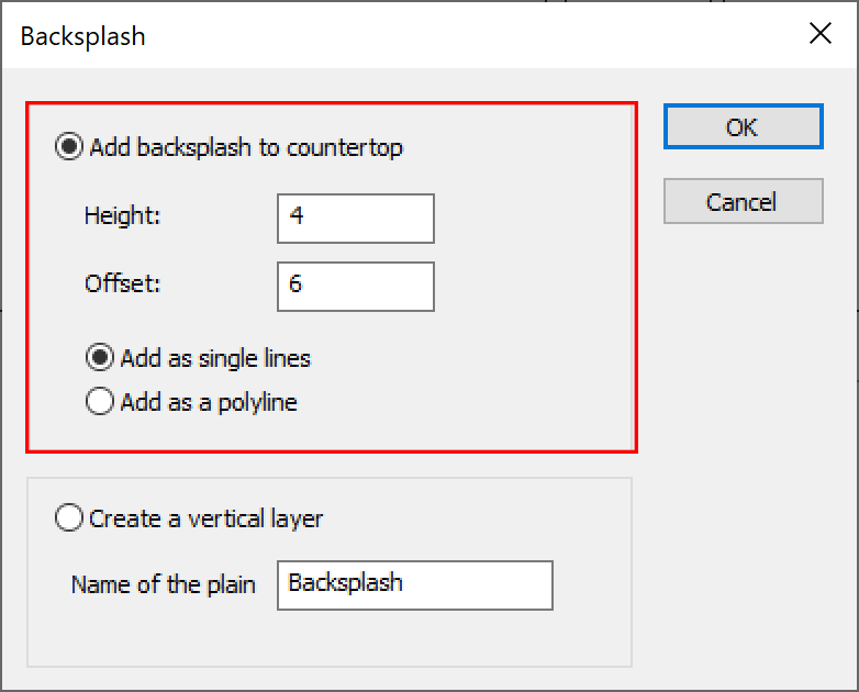Backsplash button dialog window with add backsplash to countertop highlighted
