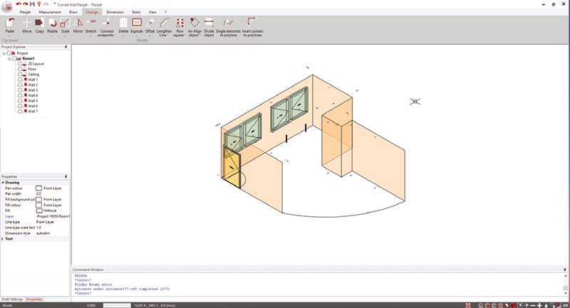 Curved wall software view with contour on the floor