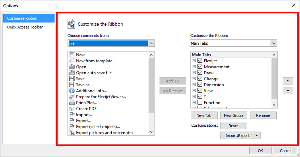 Customize Ribbons and Quick Access dialog window main section highlighted