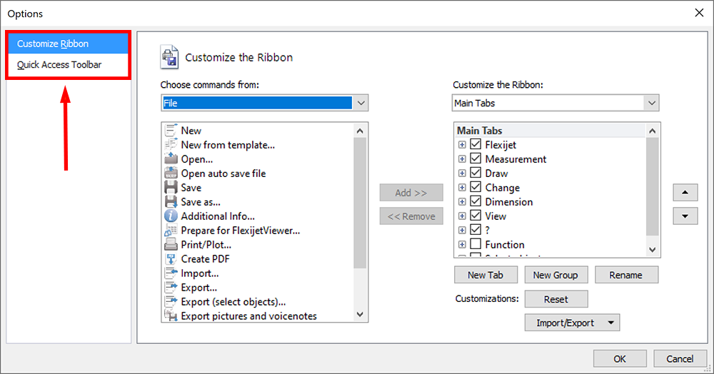 Customize Ribbons and Quick Access dialog window