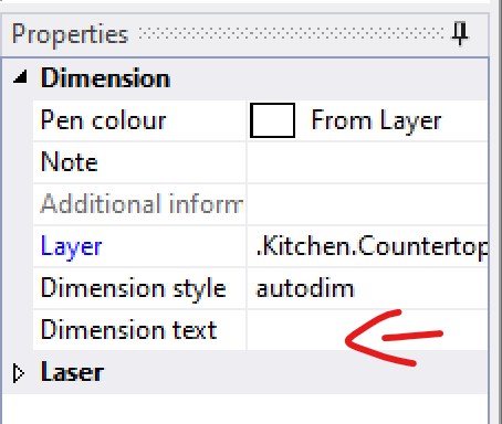 Dimension text override in properties pane