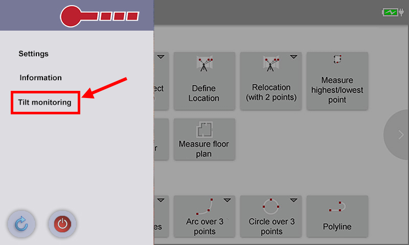 Flexijet3D screen showing menu with Tilt Monitoring circled