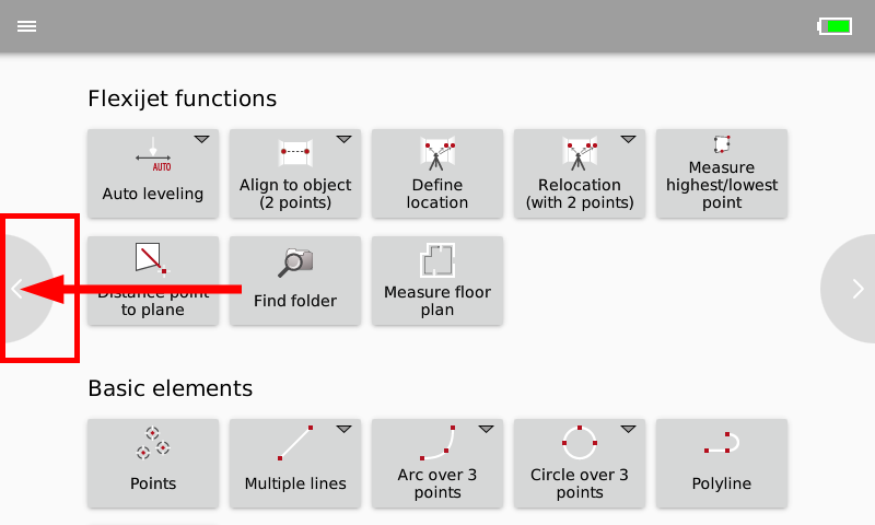 Flexijet screen with arrow showing left button