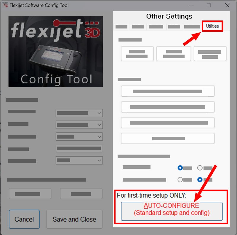Flexijet Software config utility with first time setup highlighted