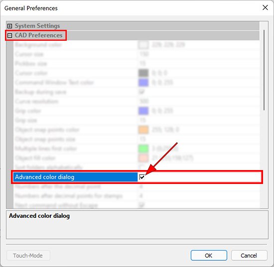 General Preferences with Advanced Color Dialog highlighted