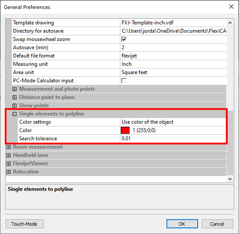 General Preferences with Single Elements to Polyline highlighted