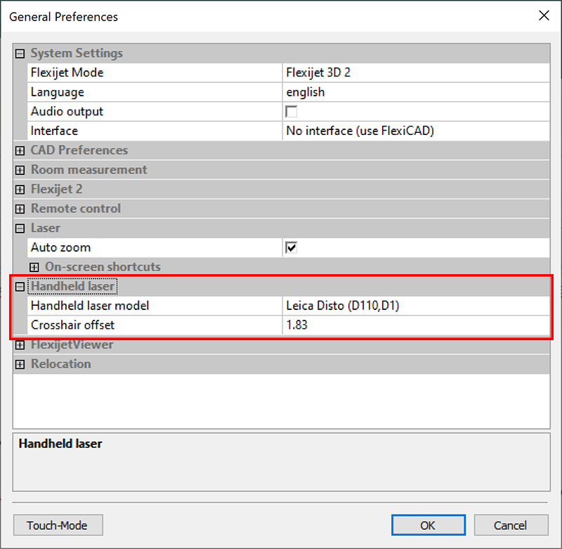 General Preferences with Handheld Laser section highlighted