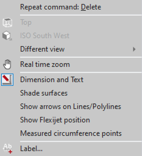 FlexiCAD right click drop down menu