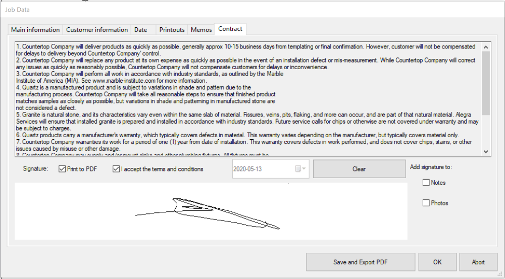 PDF Export Contract tab
