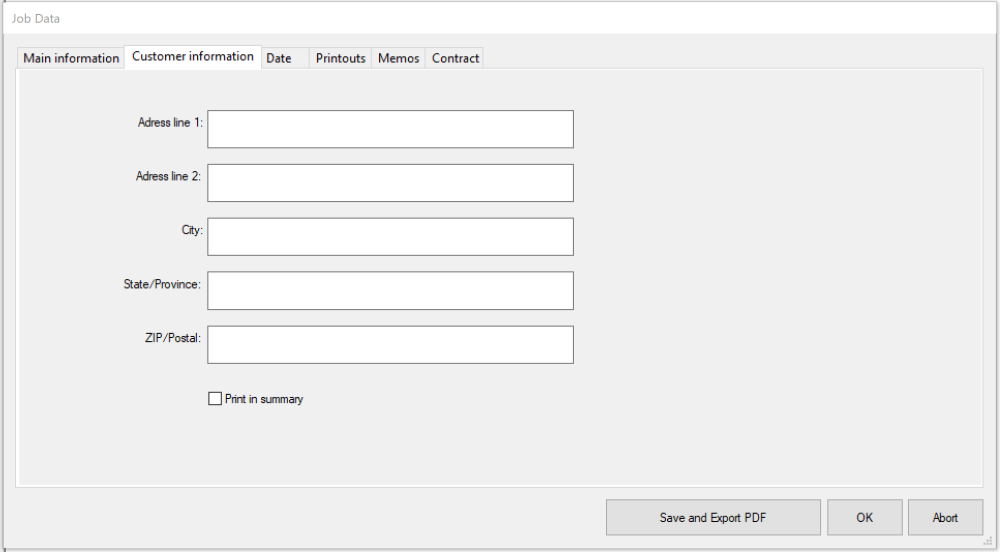 PDF Export customer info window