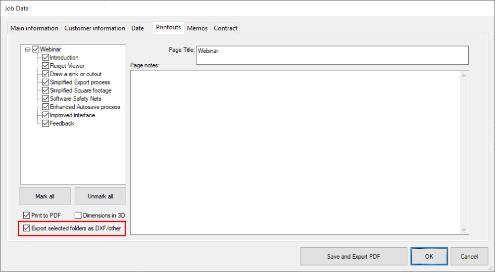 PDF Export select printouts window