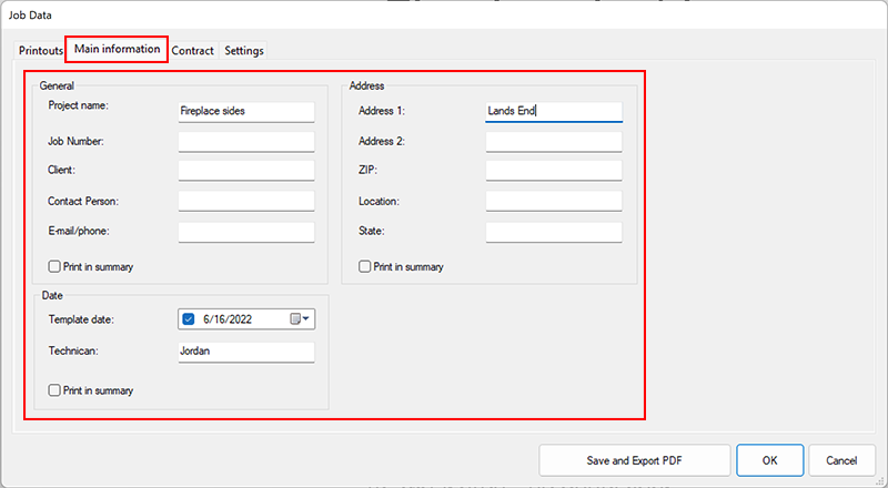 PDF Main Information screen fields highlighted