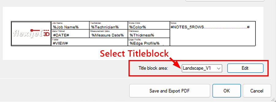 PDF printouts tab titleblock area highlighted with arrow to select dropdown