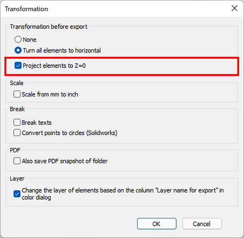 Transformations Window with 'Project Elements to Z=0' highlighted