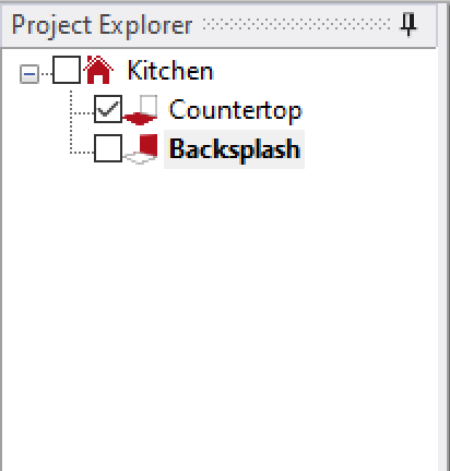 Project explorer with backsplash folder active and countertop visibility turned on.