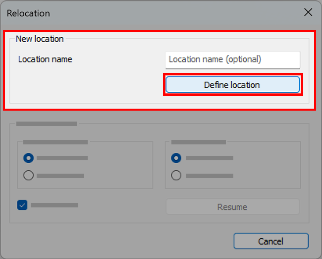 Relocation window with Define button circled