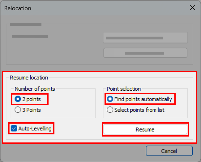 Relocation window with Resume button circled