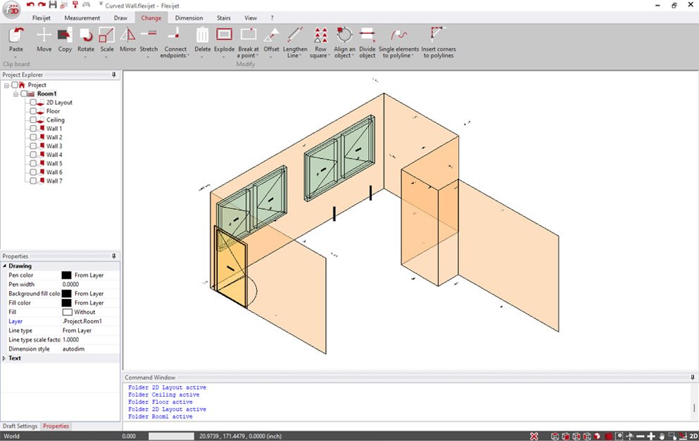 Room measurement 3d view without curved wall