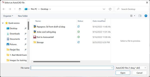 select an autocad file Flexijer Viewer file dialog window