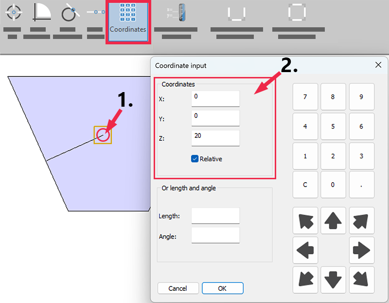 Shower angles draw line with coordinates
