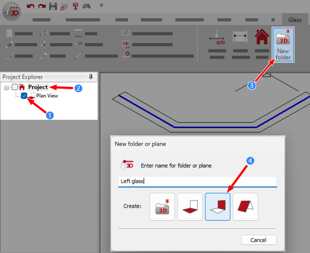 FlexiCAD software view creating folders for glass
