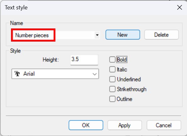 Text Styles window - Number Pieces style selected