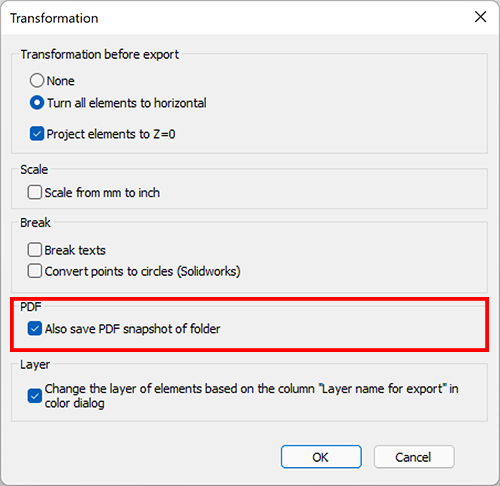 Transformations window with 'Also save PDF snapshot of folder' highlighted