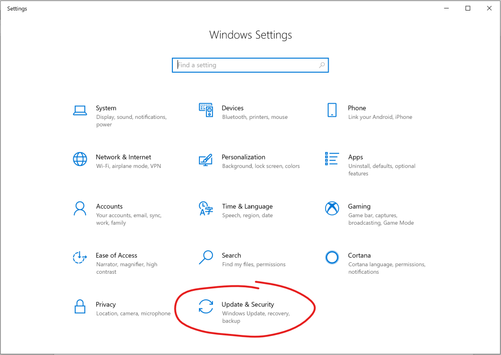 Windows settings with Update & Security circled