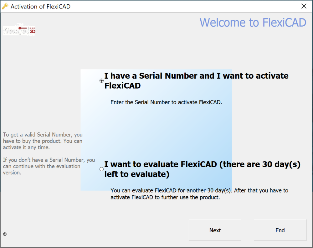Activation of FlexiCAD - I have serial number or evaluate window